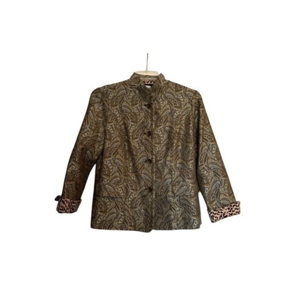 Chico's Aura Soren Metallic Jacquard Jacket with Leopard Print Trim Sz 1 Med
